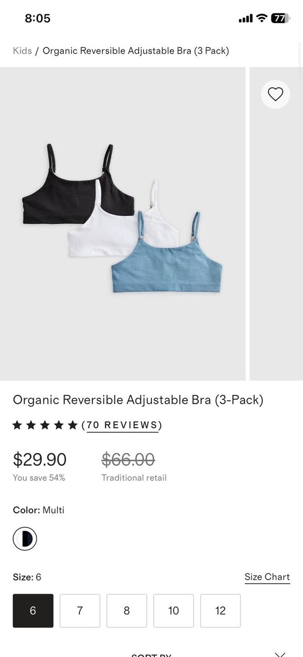 NWT Quince | Kid’s Size 6 | Organic Reversible Adjustable Bra (3-Pack)